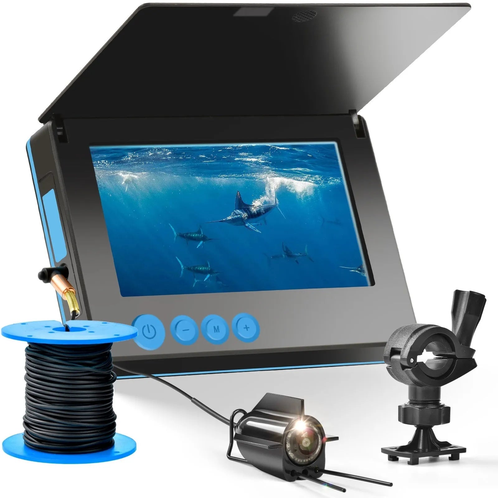 Underwater fish finder HD camera with 4.3-inch screen and temperature sensor on a fishing boat.