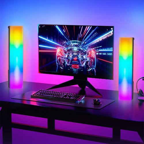 3D RGB tabletop ambiance lamp with voice activation and music sync lighting modes.