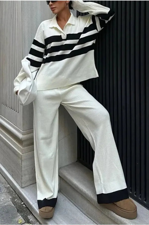 Women's black and white striped knitted polo collar two-piece set with matching trousers