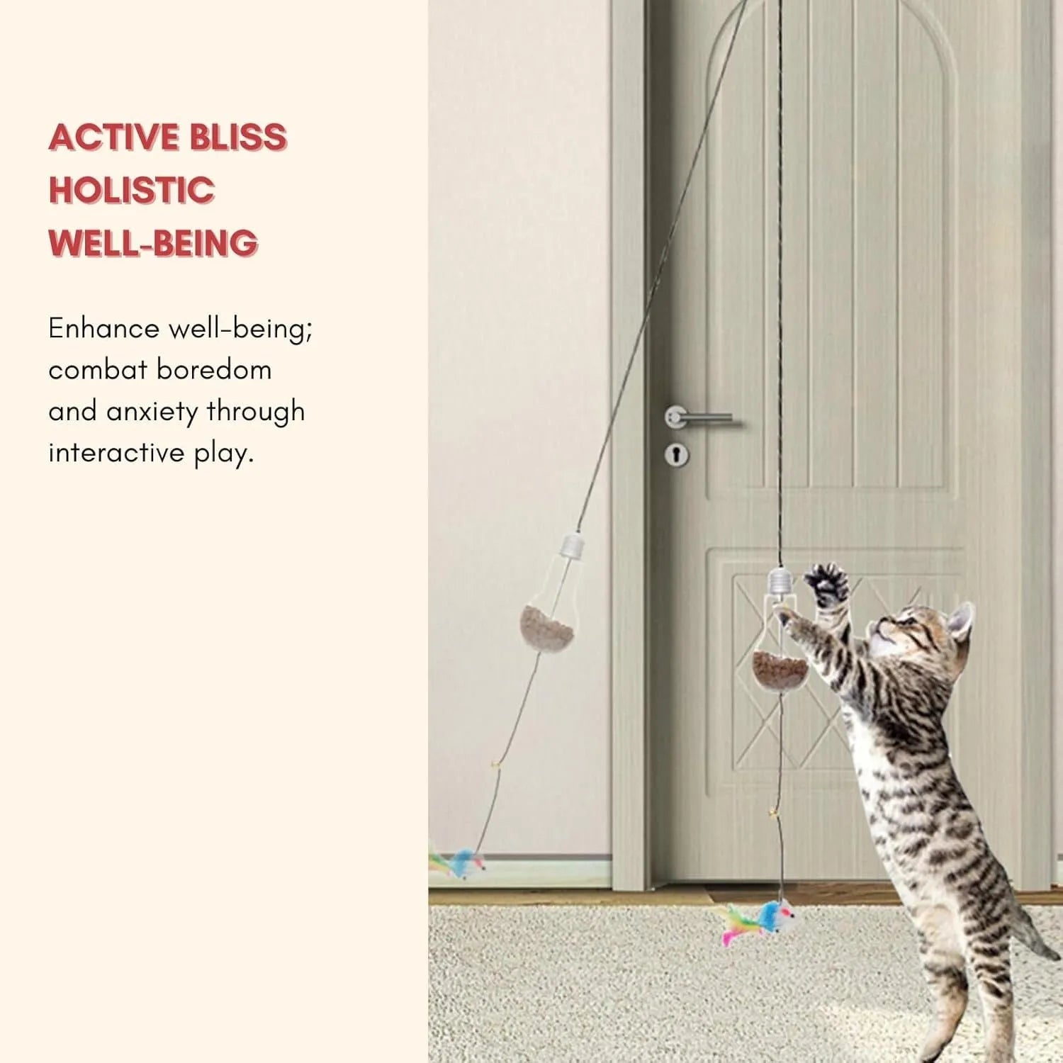 Interactive cat toy with elastic cord, dangling mouse and chicken toys, and treat dispenser bulb