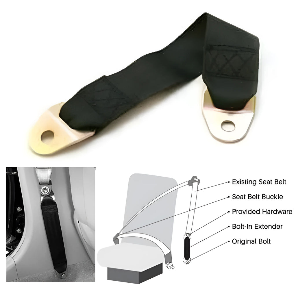 Black polyester door latch and stop fixing belt with screws and nuts on a white background.