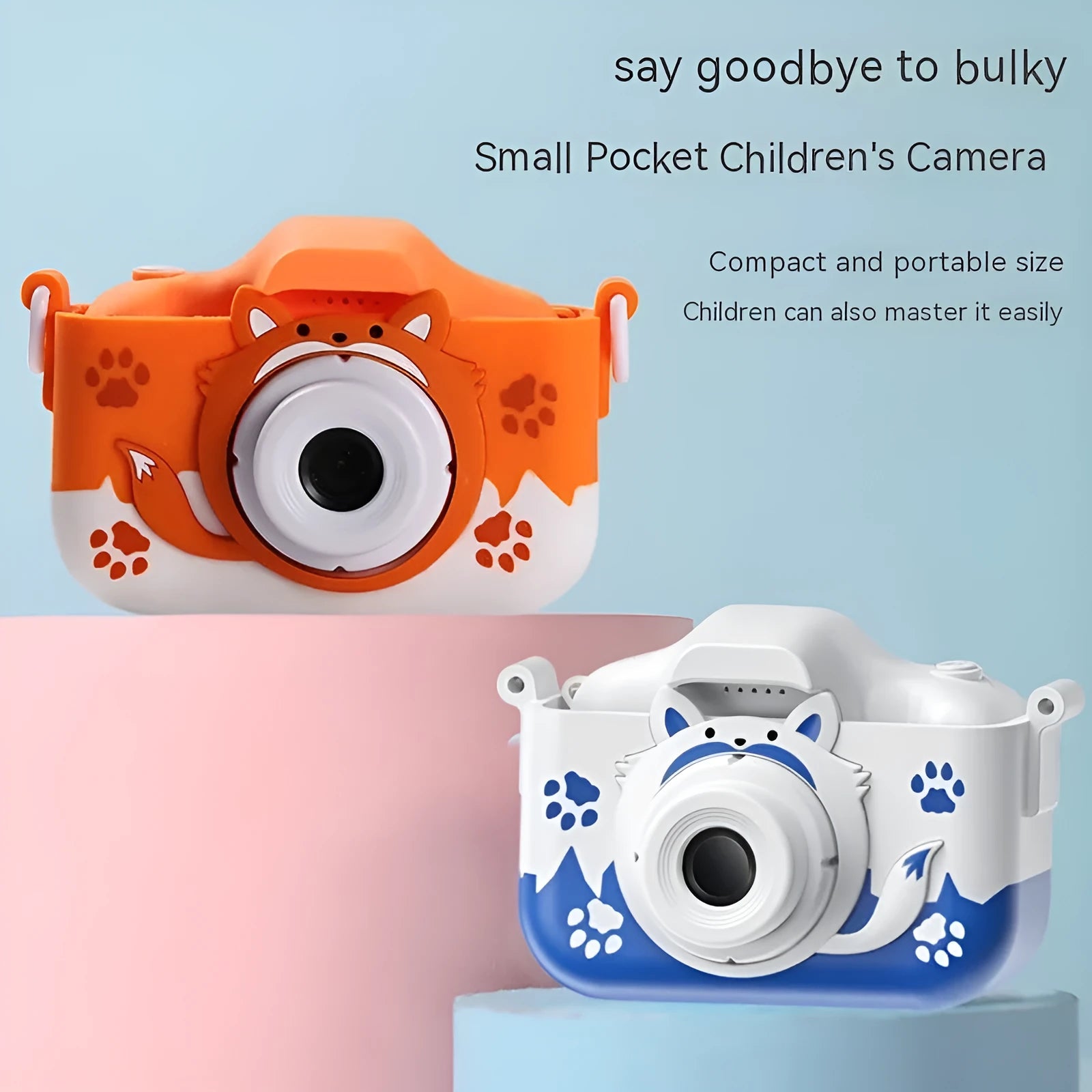 HD cartoon children's digital camera in blue and orange colours with compact design