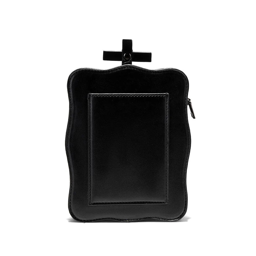 Black mini square crossbody bag with skull gothic design, stitching, rivets and chains on PU leather