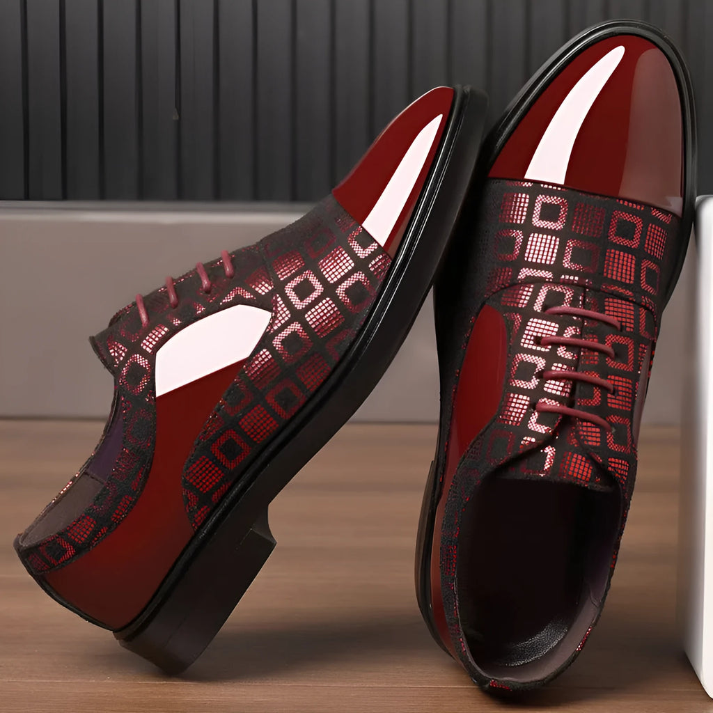 Men's black PU leather business shoes with rubber non-slip sole, side view on light background