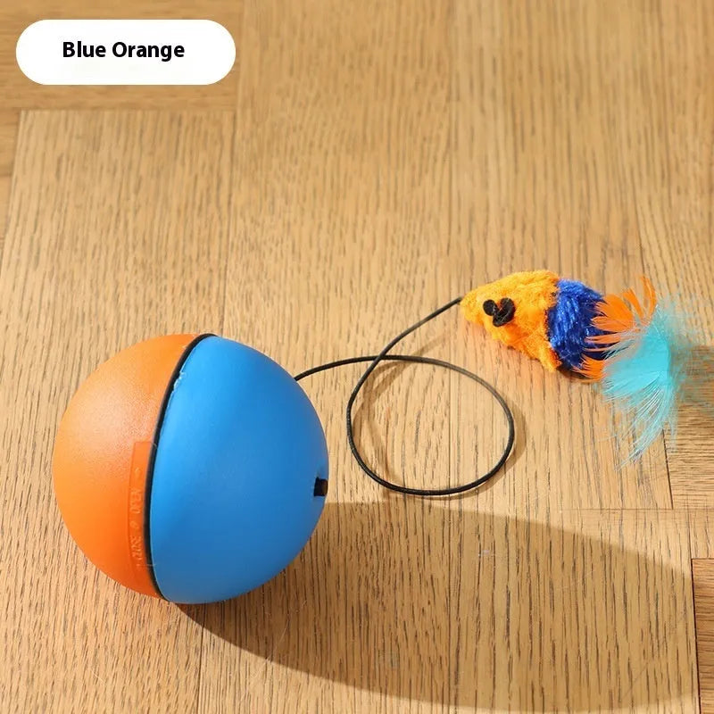 Automatic cat teasing ball with plush mouse attachment in blue orange and dark grey colour options