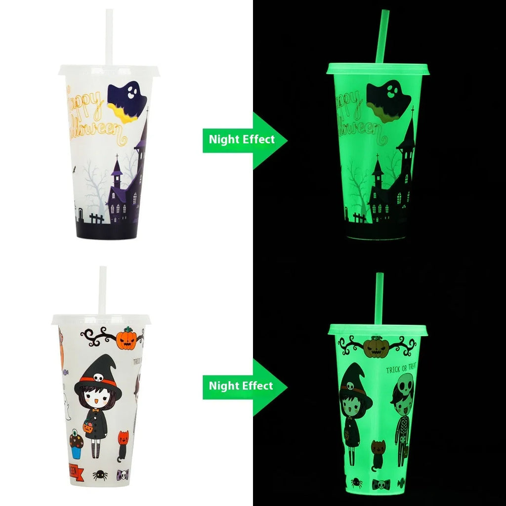 720ml luminous Halloween plastic sippy cup with straw showing cylindrical shape and colourful design