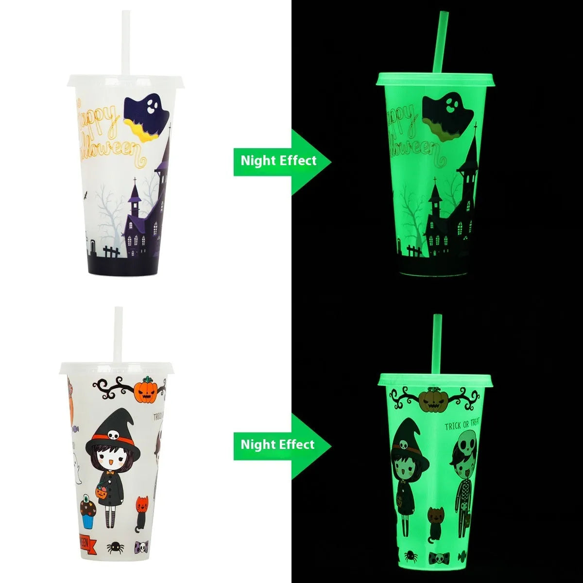 720ml luminous Halloween plastic sippy cup with straw showing cylindrical shape and colourful design
