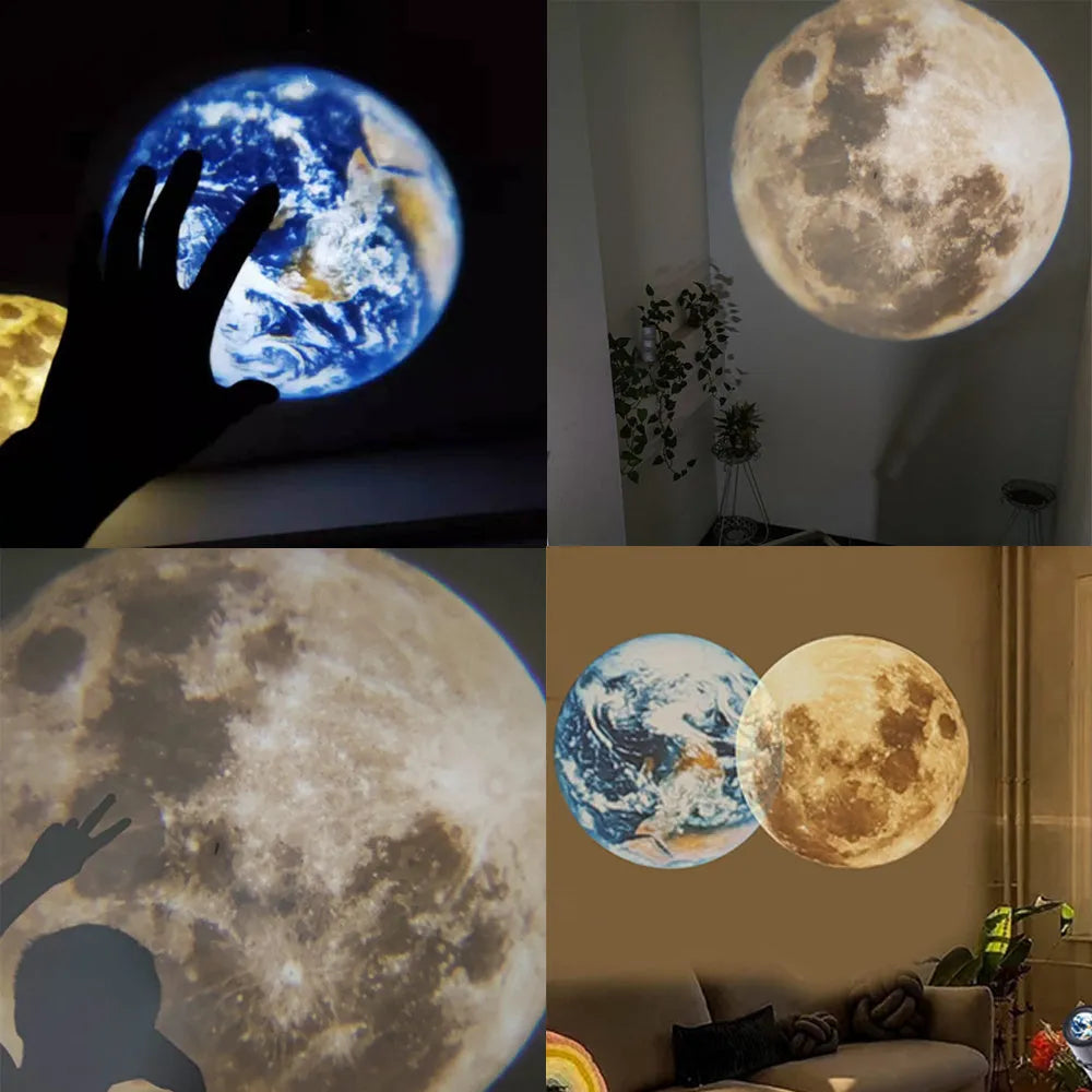 Adjustable star projector lamp showing Earth and Moon projection effects on a wall.