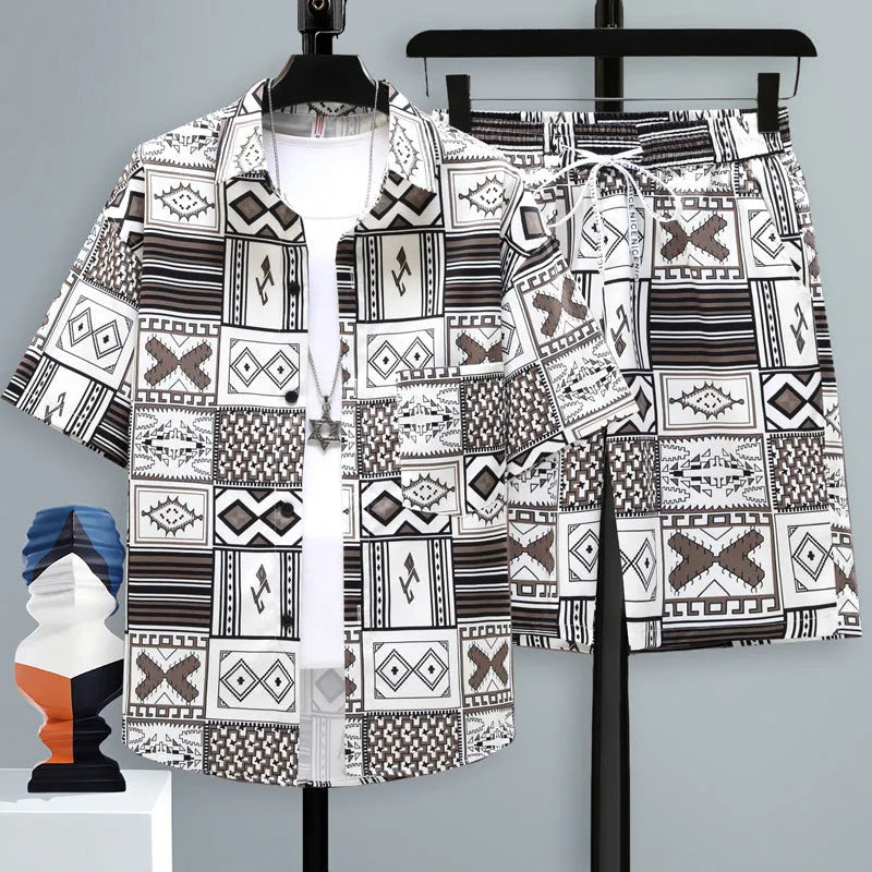 Men's grey casual polyester two-piece set with short sleeve top and matching shorts on a hanger.