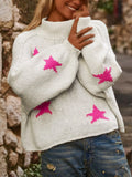White women's turtleneck pullover sweater with five-pointed star pattern in imitation velvet fabric