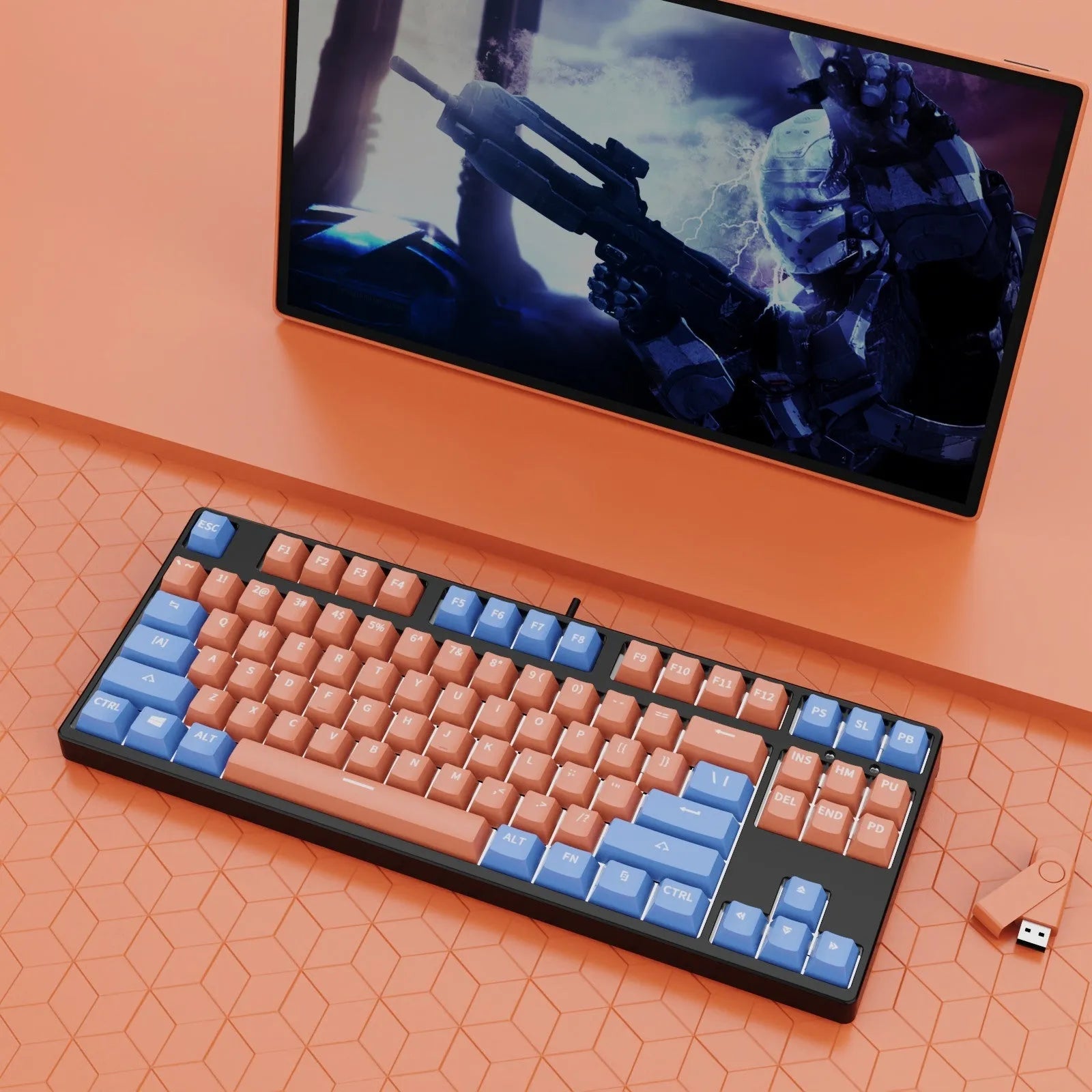 87-key tenkeyless mechanical keyboard in a dual-colour keycap design with metal frame