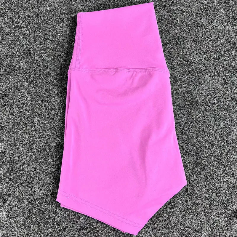 Ladies high waist yoga shorts in nylon fabric, shown in multiple colour options.