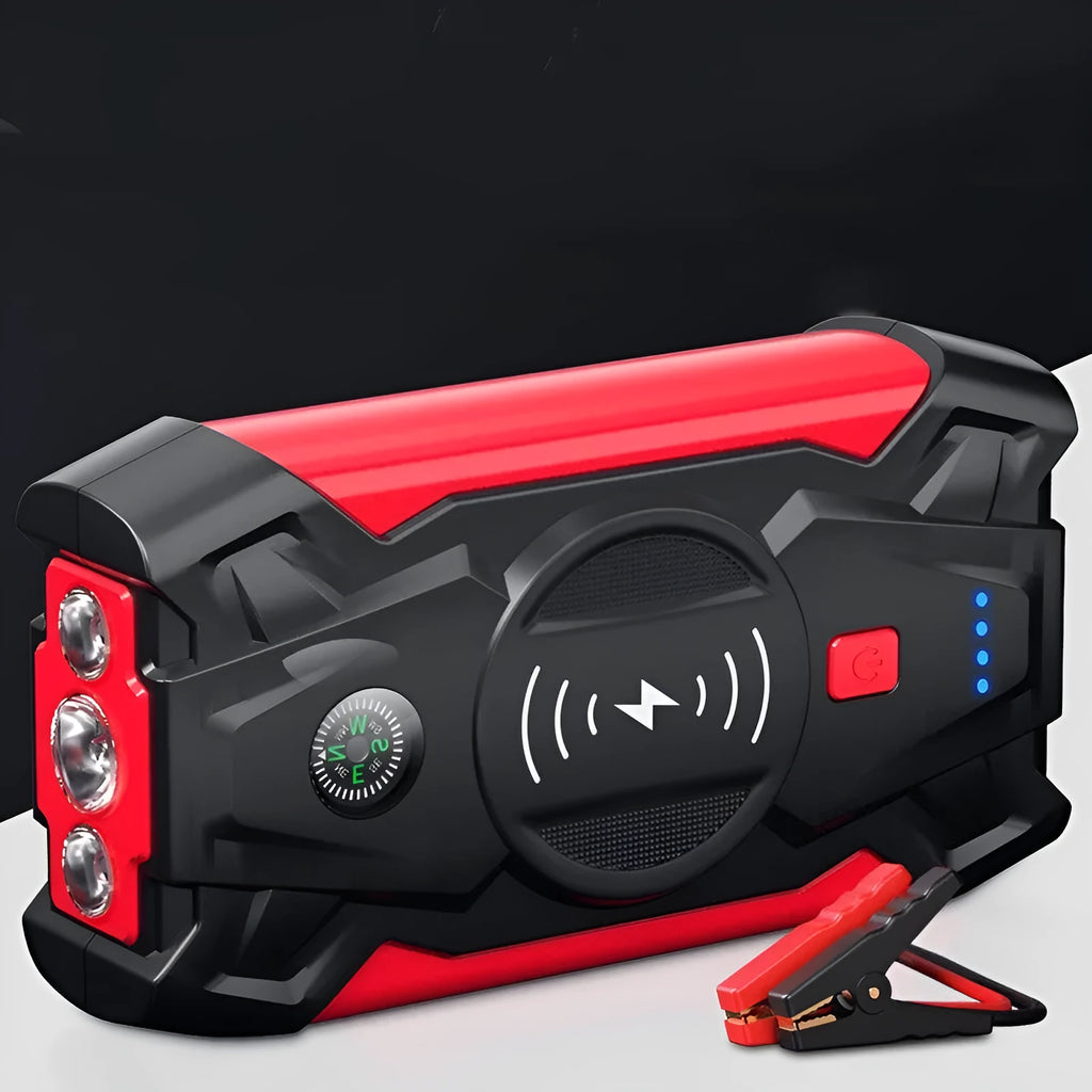 Red car emergency start power bank with thick jumper clips showing 39800W output and compact 190mm design