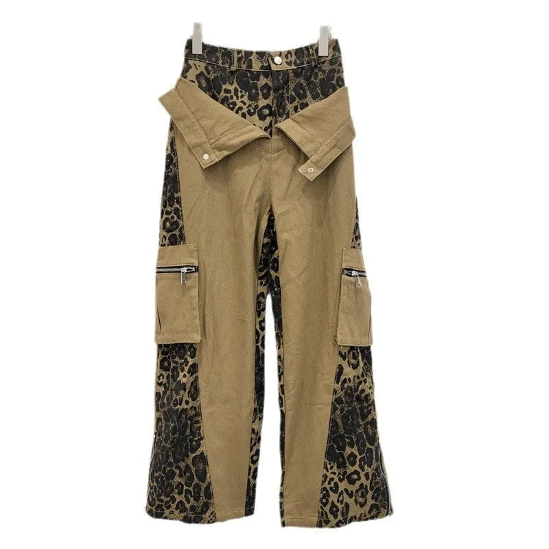 Women's high waist straight leg jeans with leopard print and fake two-stitching tooling details