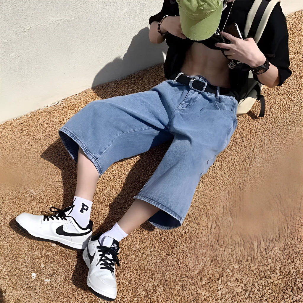 Blue washed denim pirate shorts for men with high waist and cropped straight leg