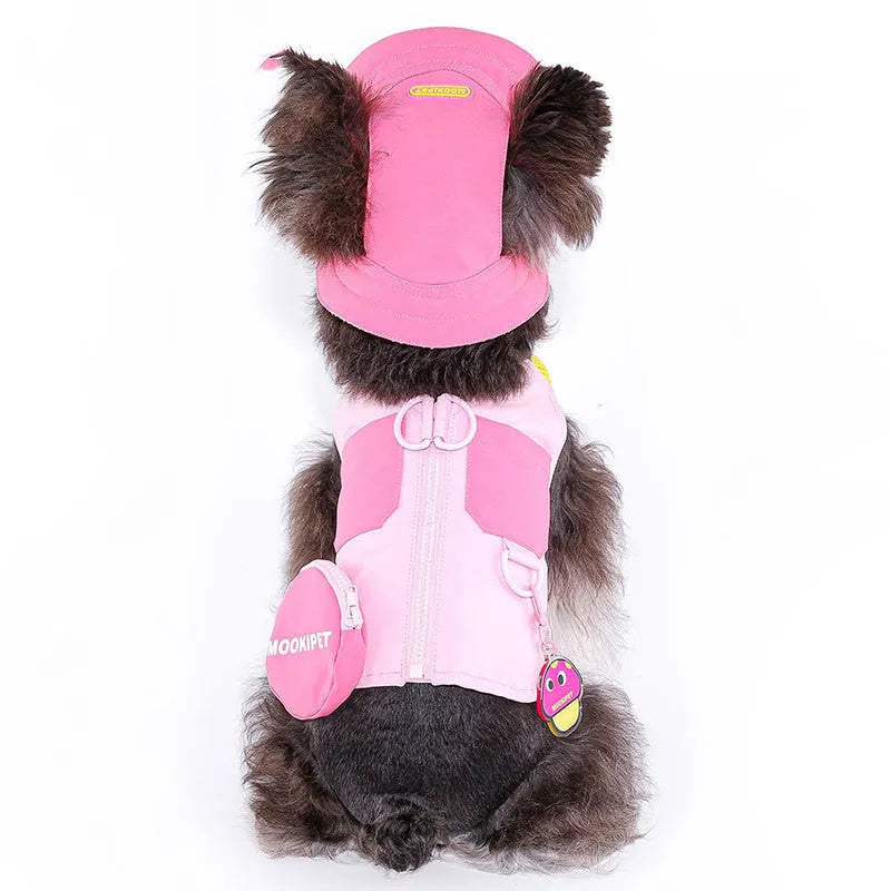 Pink polyester dog vest for small breeds on mannequin showing torso coverage