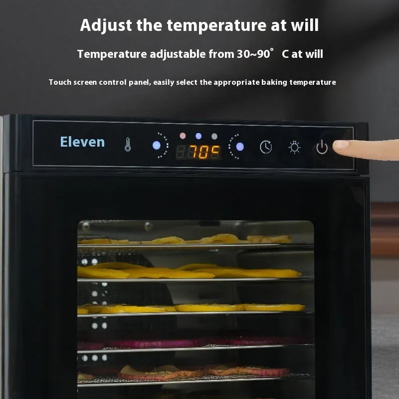 Stainless steel food dehydrator with visual skylight window and LED control panel.
