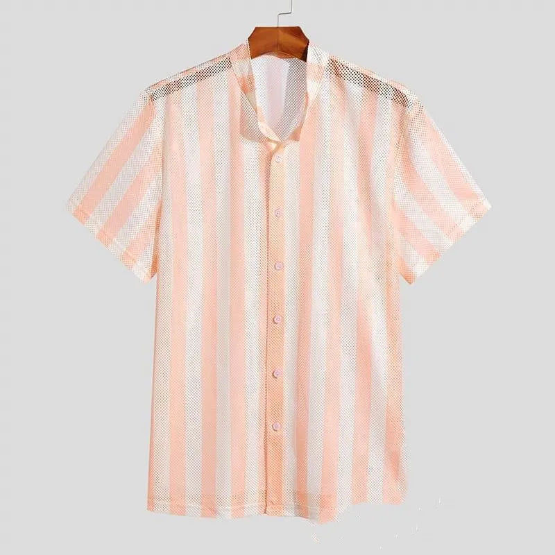 Pink men's loose fit short sleeve cardigan with waffle hole texture on a hanger