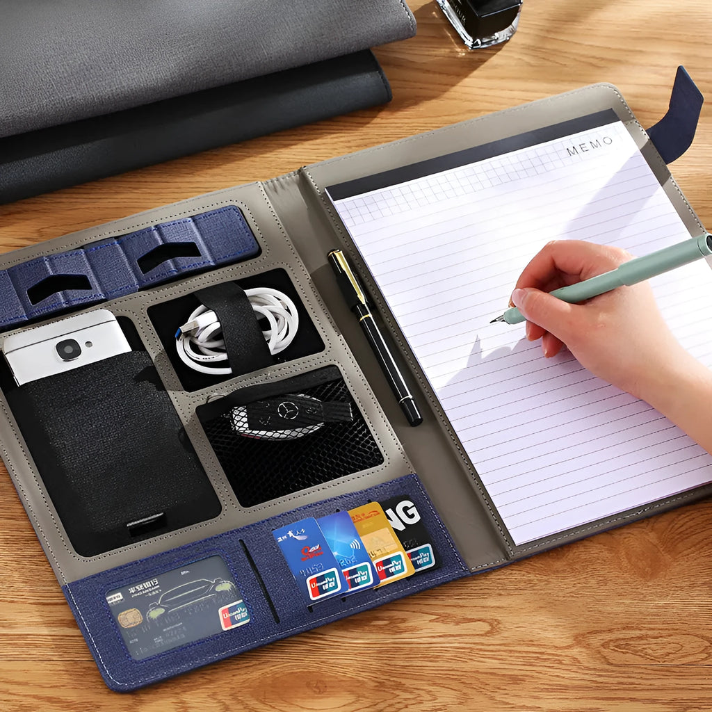 Black leather A4 business folder with 35mm gusset showing pen loop and notepad configuration