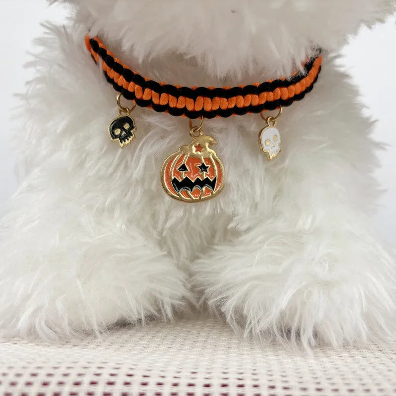 Zinc alloy hand-woven Halloween pet collar with geometry pattern, adjustable 15-38cm, black and orange pumpkin bat style