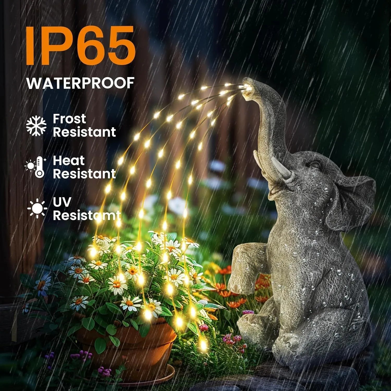 Resin elephant outdoor garden sculpture with realistic detailing and integrated LED lighting strip