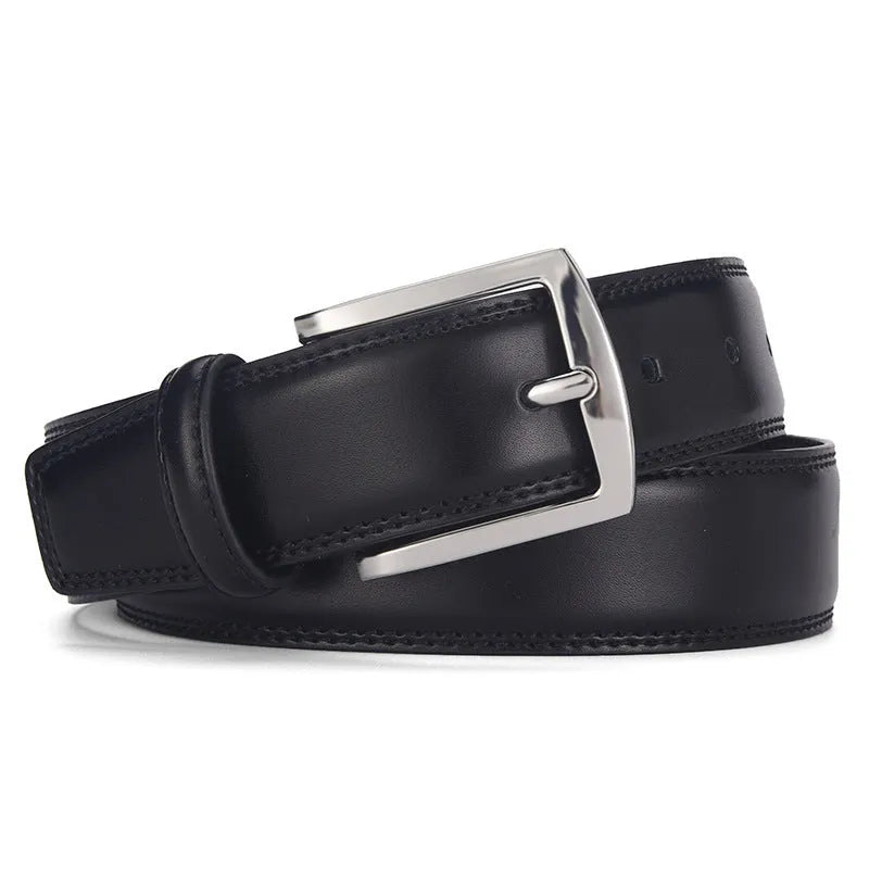 Men's black leather belt with silver alloy pin buckle showing length measurement