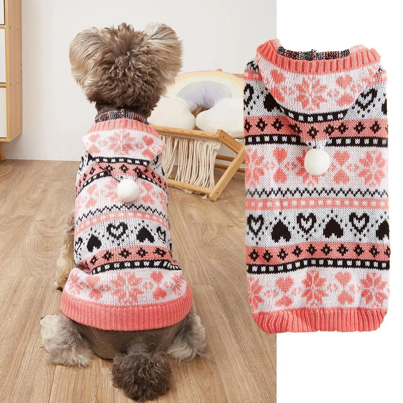 Acrylic knitted dog sweater with snowflake love striped camouflage pattern in pink blue grey colours