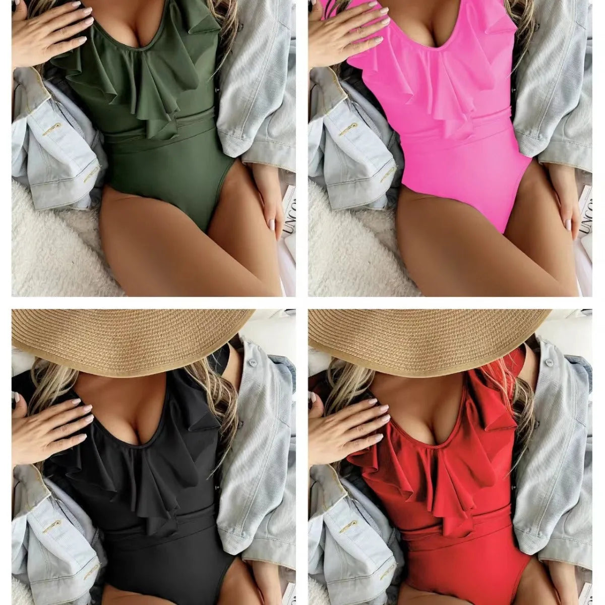 Solid colour nylon one-piece swimsuit for women available in black, green, pink, and red