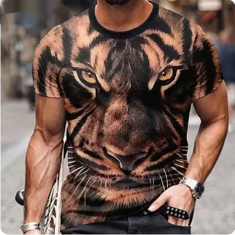 Men's black t-shirt with a large, detailed 3D printed lion design on the front.