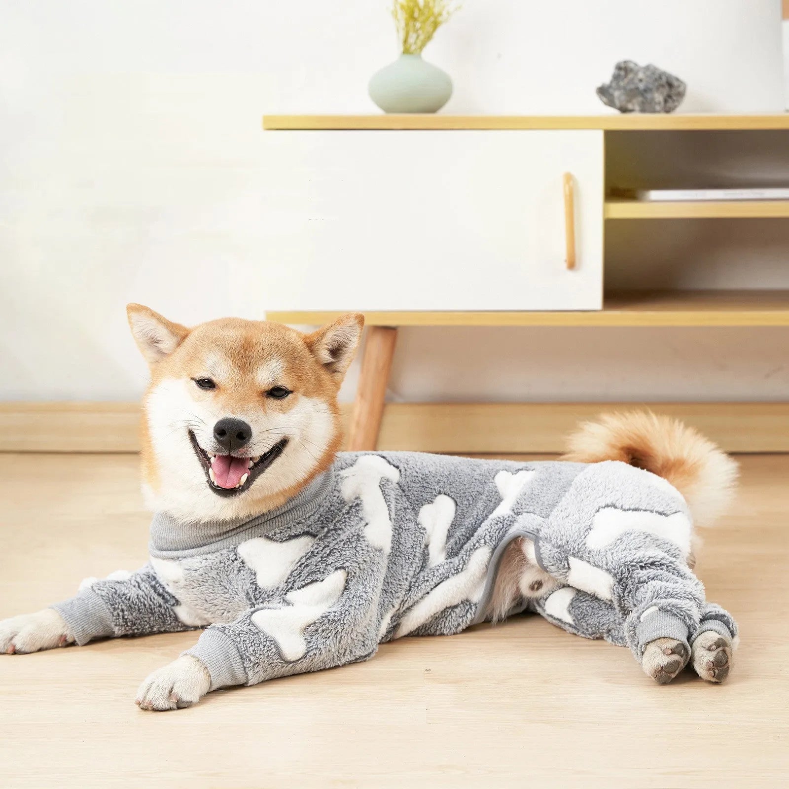 Winter dog pajamas in flannel, bone grey colour, size M, on a small dog standing indoors