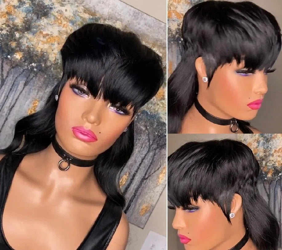 Black Brazilian wig with front bangs and short front long back hairstyle on display
