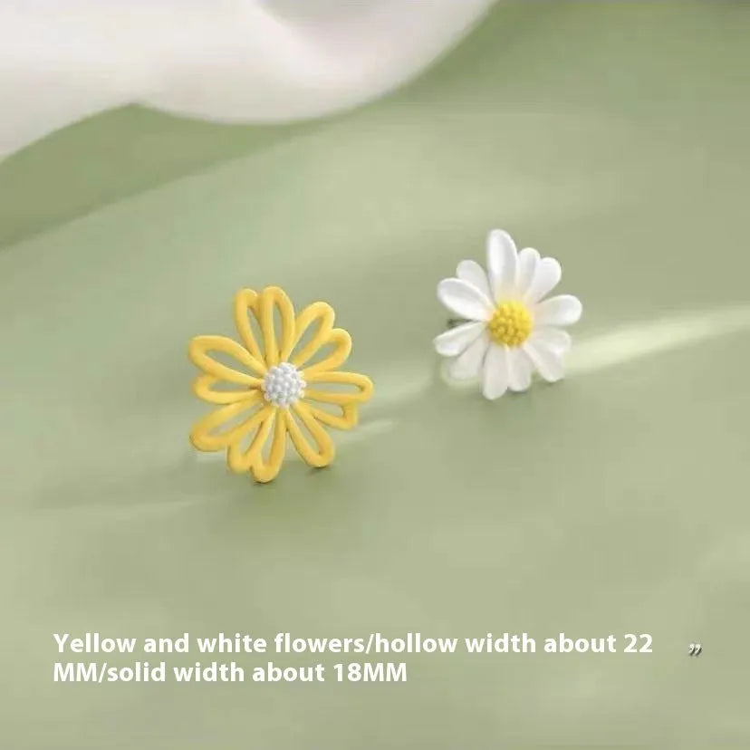 Alloy flower-shaped stud earrings in two-tone blue orange, white green, and yellow white colour combinations.