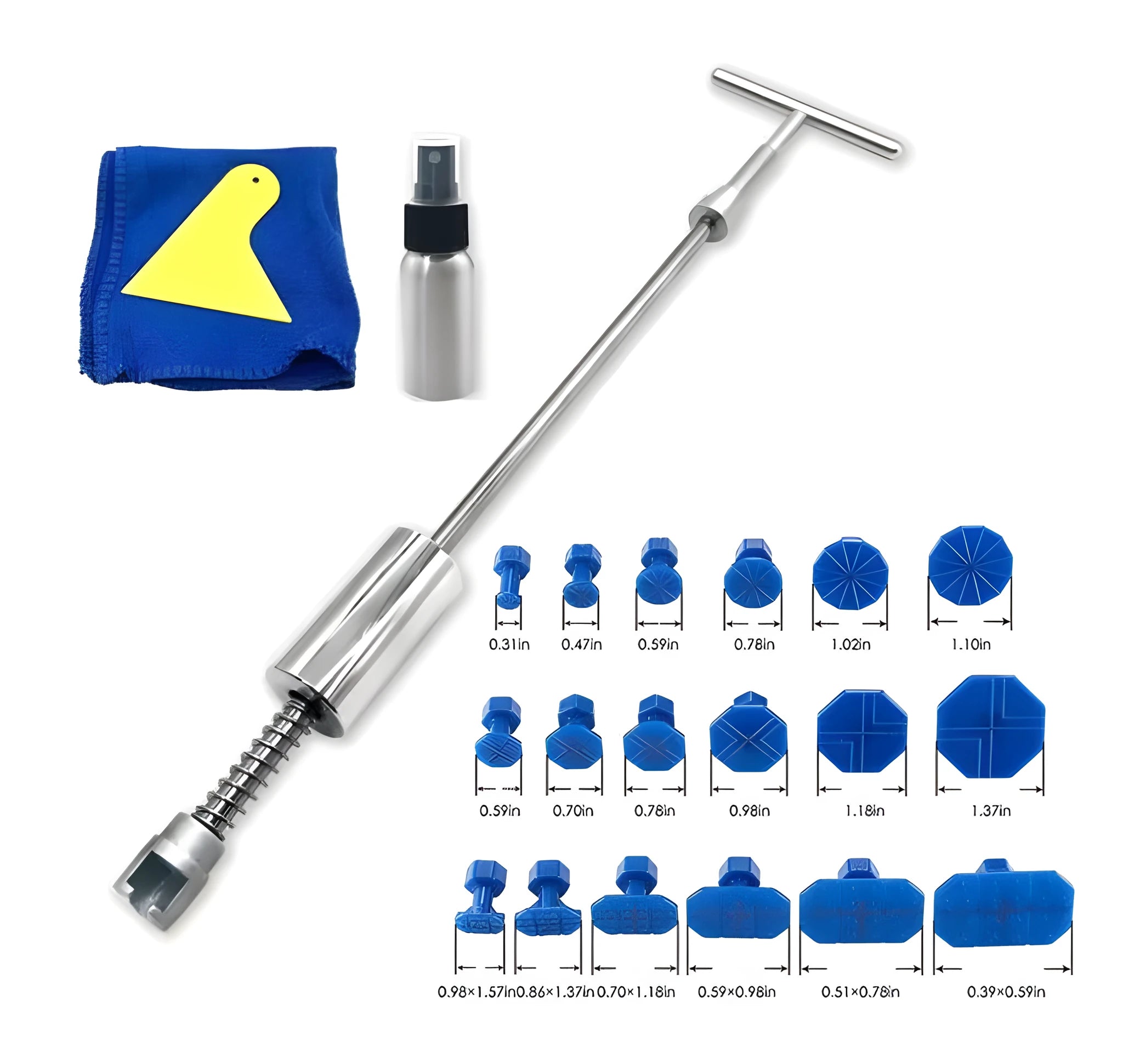 Automotive dent repair tool with T-shaped hammer and adhesive pads for car bodywork