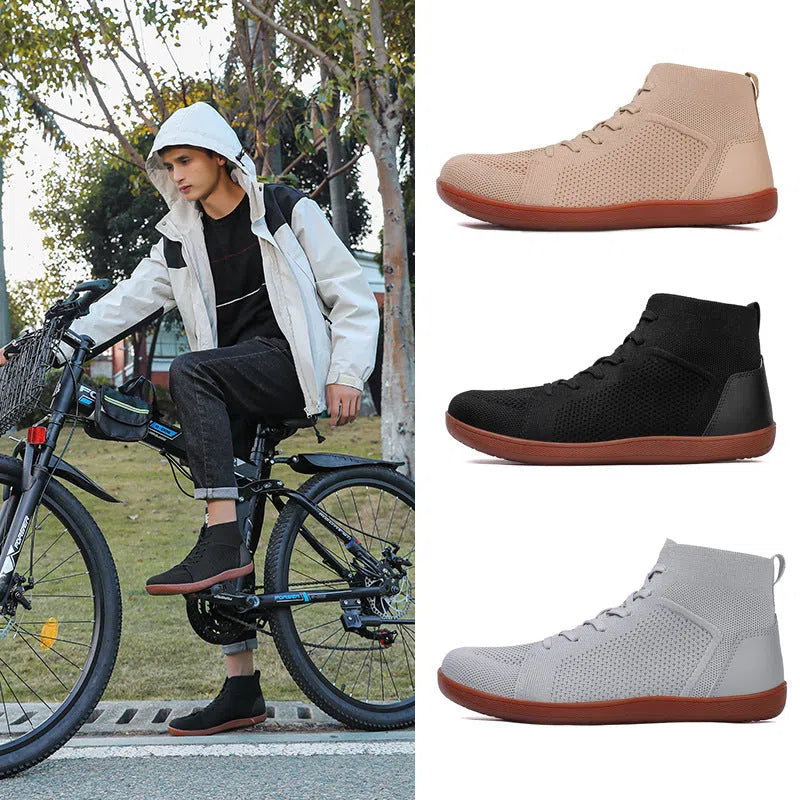 Anti-slip wide-toe barefoot casual fitness yoga shoes in black with breathable fly knitting and leather upper, mid-top design, low heel 1-3cm