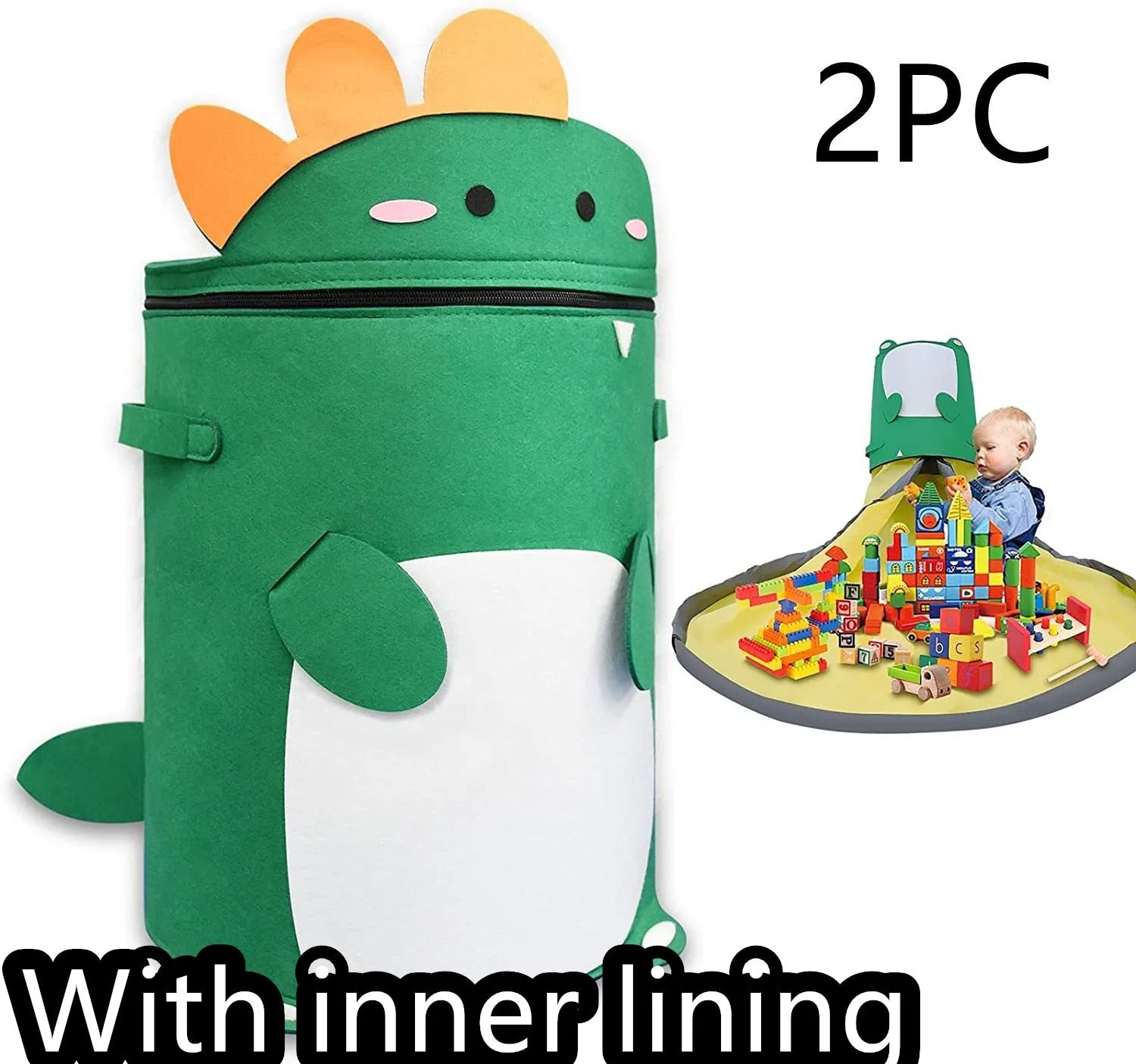 Green felt cube storage bag with pull rope open as a floor play mat for toys.