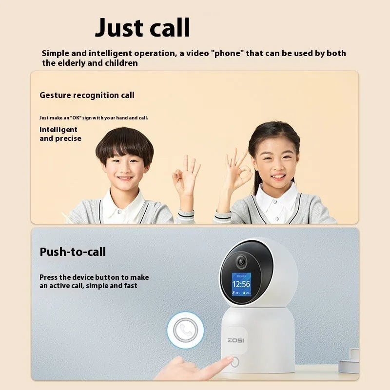 Zhou Shi white wireless indoor security camera with a large screen on the front and a screw-fixed mounting bracket.