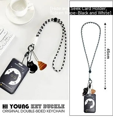 Cartoon black cat design plastic card sleeve holder with metal keychain clip