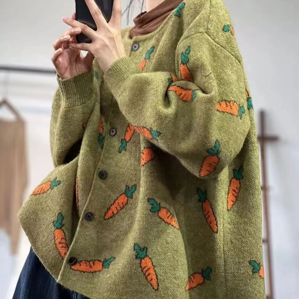 Mori artistic printing cardigan sweater with colour contrast design in loose casual fit