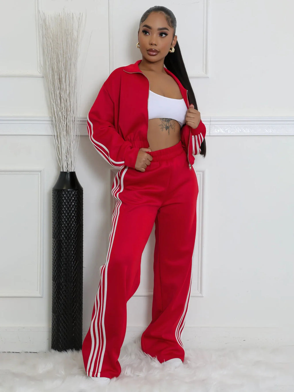 Street hipster two-piece striped suit set with top and trousers in polyester fabric
