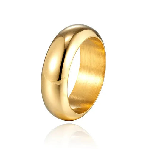 Glossy electroplated titanium steel ring shown in black, gold, and steel colour on a neutral background.