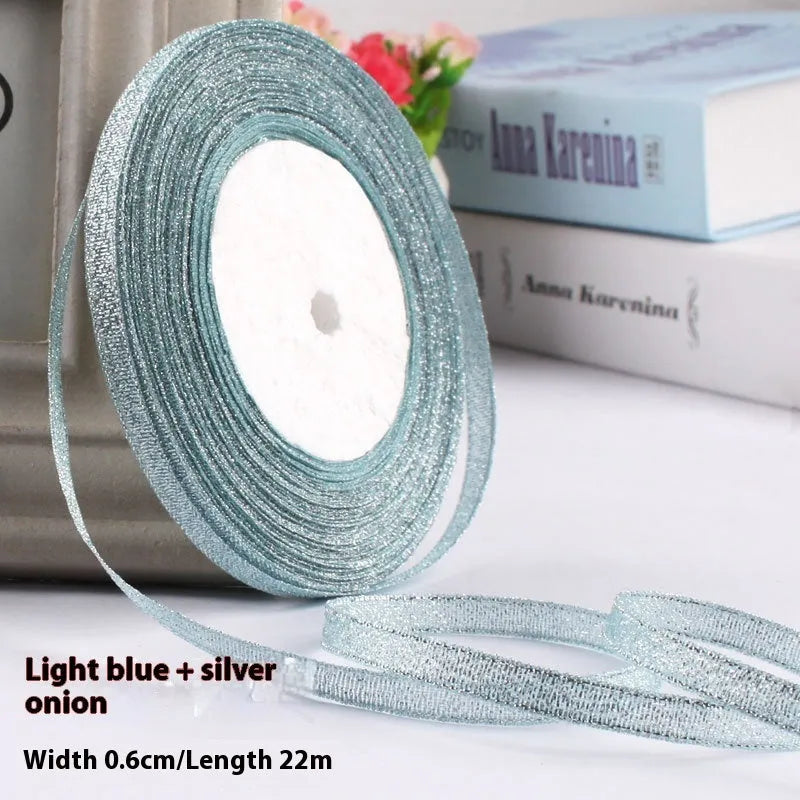 Roll of narrow 0.6cm wide polyester decorative ribbon in multiple colour options including metallic finishes