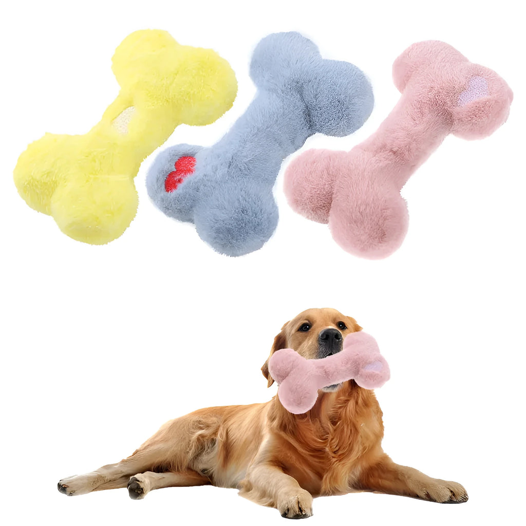 Plush bone-shaped dog toy in blue, pink or yellow with a squeaker for interactive chewing play.