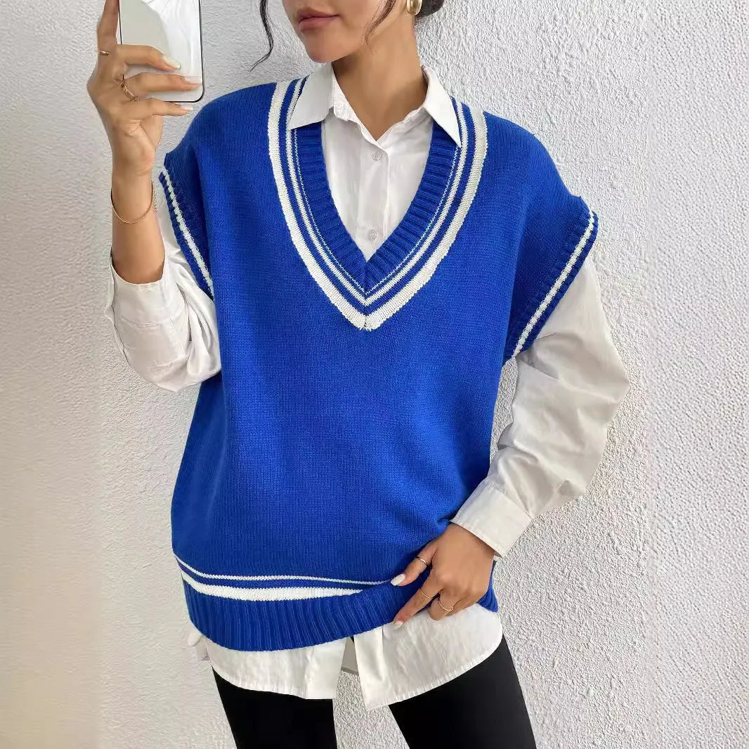 Women's casual acrylic blend vest sweater in blue colour with loose college style design