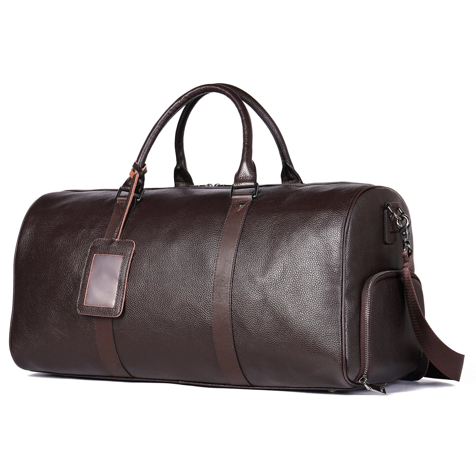Men's black leather excursion bag with single strap showing 44cm length