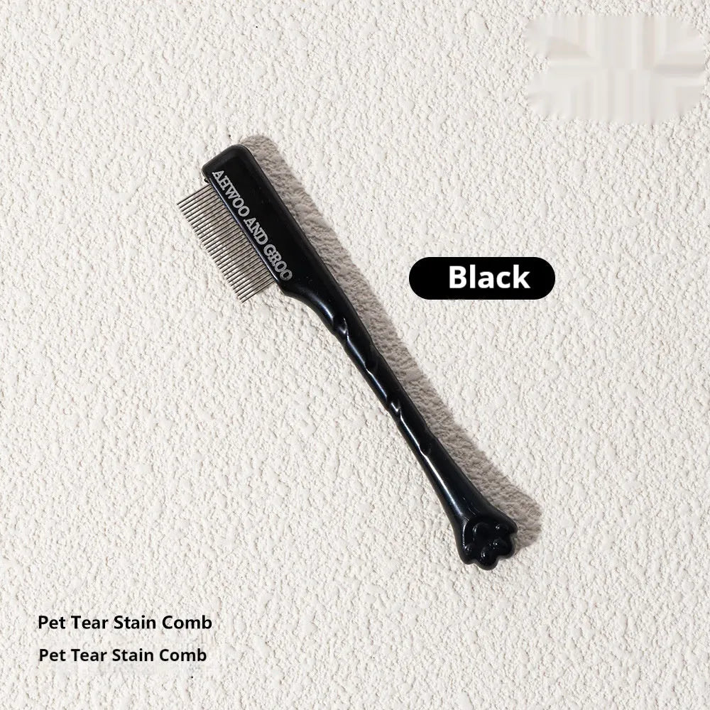 Black ABS plastic pet tear stain comb and scissors set on white background