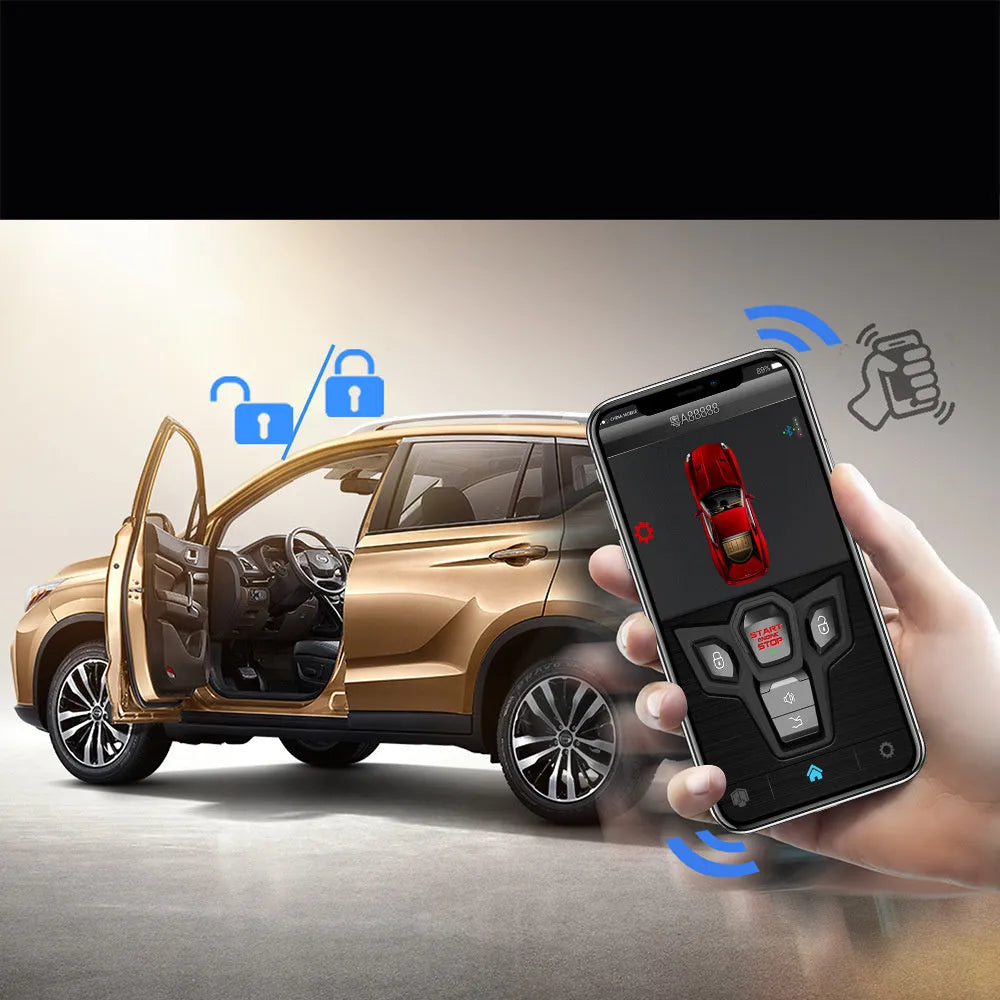 One-way car alarm system with remote controls showing red and frosted black colour scheme