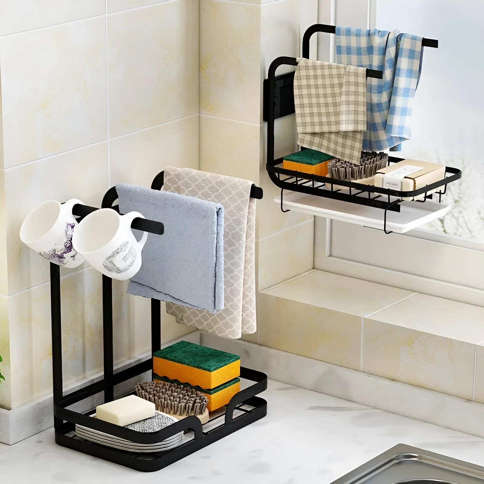 Foldable plastic kitchen rack in new Chinese style for wall or desktop cloth drying storage.