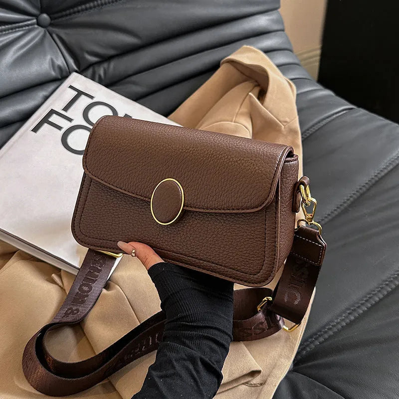Fashion small square bag with wide shoulder strap in horizontal shape, PU material, khaki colour