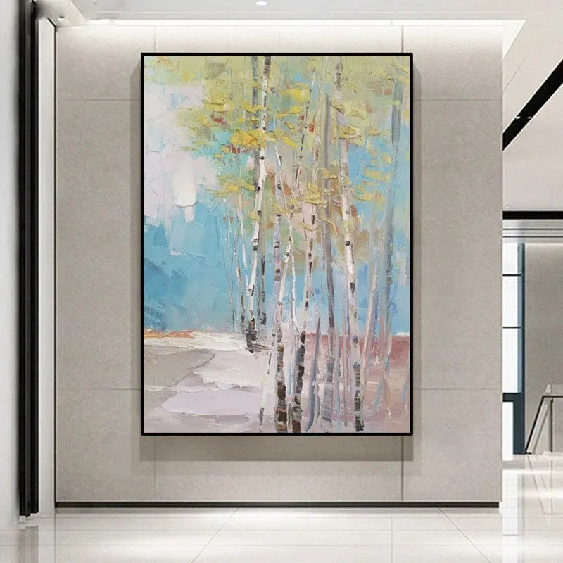 Hand-painted abstract birch forest landscape oil painting on canvas, vertical, rolled and frameless