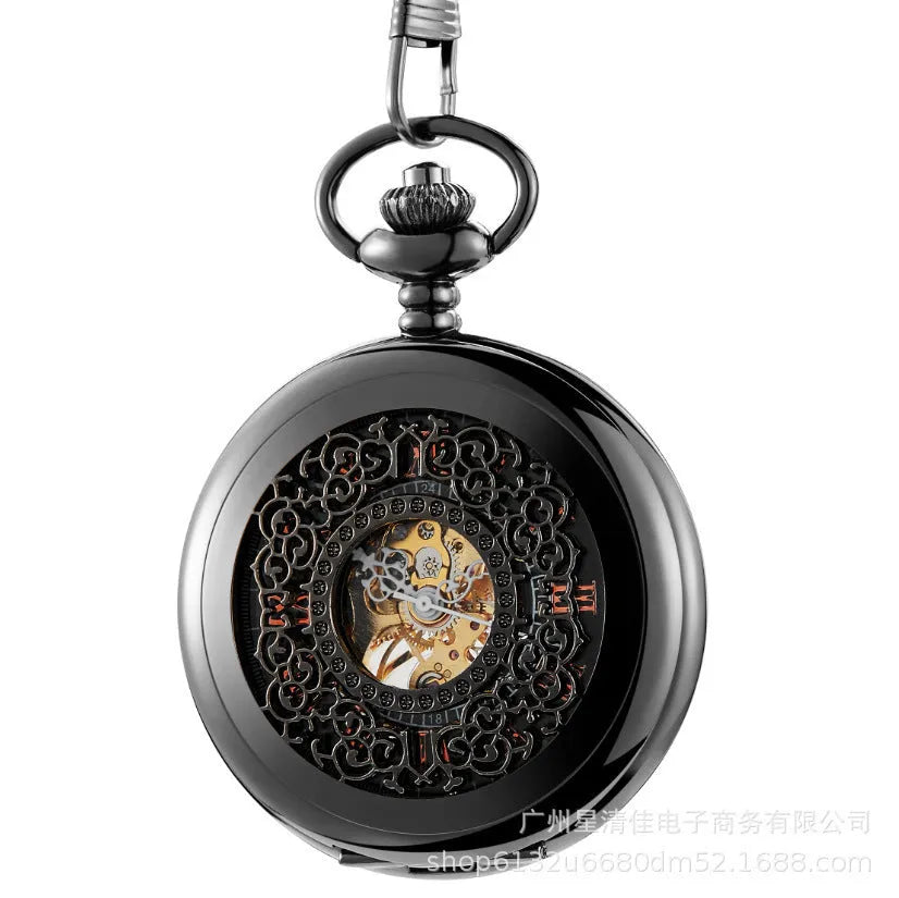 Retro automatic mechanical pocket watch with hollow floral dial and transparent back showing movement